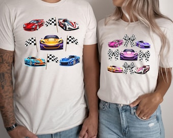 Parents of Boy's Race Car T-Shirt - Checkered Flags Bows Blue Racing Speedster Family Matching Tee - His and Hers Mom and dad Shirts