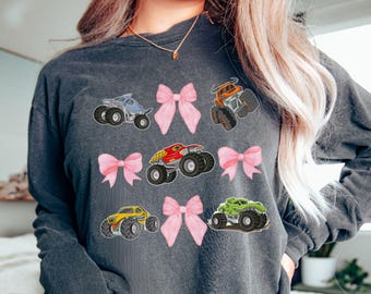 Camiseta de manga larga Monster Truck Jam con lazo rosa: Conjunto familiar a juego Coquette