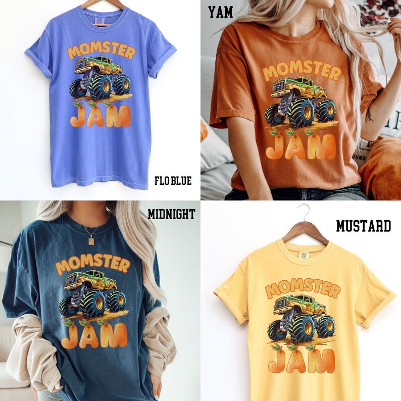 May include: Four different colored t-shirts with a graphic of a monster truck and the text "MOMSTER JAM" printed on the front. The t-shirts are in the colors: flo blue, mustard, yam, and midnight.