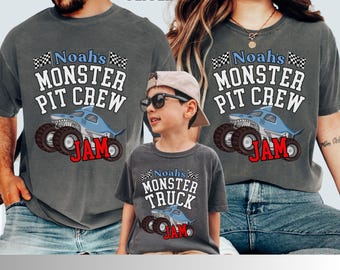 Family Monster Truck Jam Pit Crew T-Shirt: Shark Racing, Comfort Colors Boys Birthday party T-shirt Matching Shirts For Family members
