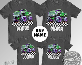 Custom Monster Truck Family Matching Shirts, Personalized Name Birthday Tee, Mama Daddy Kids Truck Shirt, Comfort Colors, Gift for Boys