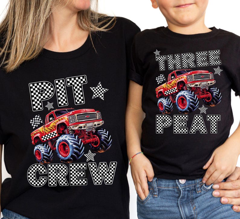 Monster Truck Jam Thema Jongens Verjaardagsfeestje Custom T-shirt - Familie bijpassende Pit Crew Print Ontwerp Voorkant Achterkant Gepersonaliseerde Naam Leeftijd afbeelding 6