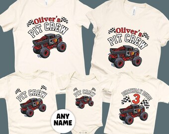 Maglietta personalizzata per compleanno Monster Truck da bambino • Magliette abbinate per la famiglia Pit Crew