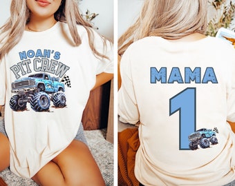 Toddler Boy's Mom Custom Great White Shark Monster Truck Pit Crew Birthday T-Shirt: Family Matching Front Back Print Personalized Name Age