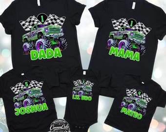 Monster Truck Boys Birthday Party Black T-Shirt - Custom Name Family Matching Shirt - Personalized Age Number  Green Truck Black White Check