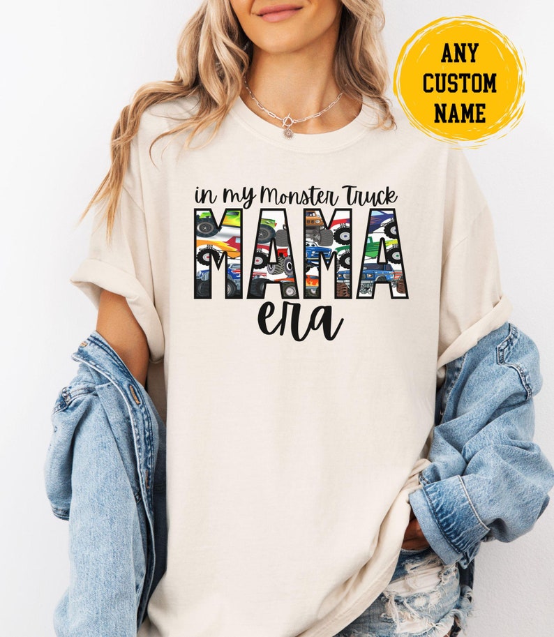 In my Momster truck Mama Era Matching Unisex Vintage Mama Dada Comfort Colors Long Sleeve Short Sleeve Boys Birthday Party Themed tshirt New mom baby shower boy gender reveal gift. Personalized name  Mimi Auntie Dad Papa Nana. Monster Truck Jam Pit