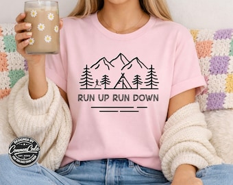 Womens Running Ultrarunning T-Shirt - Run Up Run Down with Mountain Trees and Small Runner Graphics Ultra Training Tee Survival Marathon Men