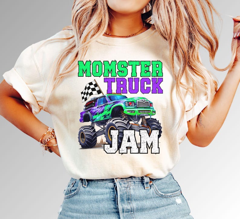 Momster Truck Jam Monster Truck Comfort Colors T-Shirt black and white checkered flag purple green gravebig tires digger  family matching dadster kidster even birthday boy dude