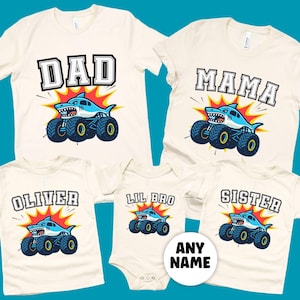 family matching t-shirts and a baby bodysuit in natural color have personalized names that say "DAD, MAMA, OLIVER, LIL BRO, SISTER" with a cartoon style blue shark monster truck jam megalodon with big tires and a orange and yellow explosion color blast behind it. Can be personalized to any name. Made to match or buy as an epic gift for any truck lover or shark lover. Adult, youth, kids, toddler and infant baby sizes. Family Matching shirts.