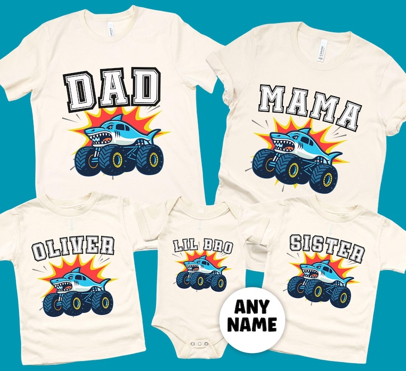 family matching t-shirts and a baby bodysuit in natural color have personalized names that say "DAD, MAMA, OLIVER, LIL BRO, SISTER" with a cartoon style blue shark monster truck jam megalodon with big tires and a orange and yellow explosion color blast behind it. Can be personalized to any name. Made to match or buy as an epic gift for any truck lover or shark lover. Adult, youth, kids, toddler and infant baby sizes. Family Matching shirts.