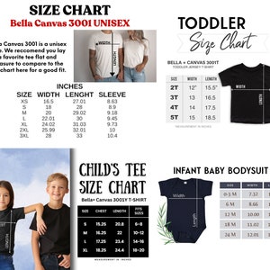 以下が含まれることがあります： Bella Canvas 3001 ユニセックスTシャツ、幼児用Tシャツ、子供用Tシャツ、ベビーロンパースのサイズチャート。チャートには、幅、長さ、袖丈のインチ単位の測定値が含まれています。