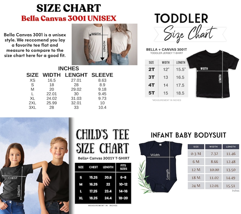 以下が含まれることがあります： Bella Canvas 3001 ユニセックスTシャツ、幼児用Tシャツ、子供用Tシャツ、ベビーロンパースのサイズチャート。チャートには、幅、長さ、袖丈のインチ単位の測定値が含まれています。