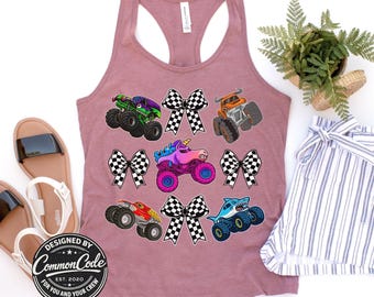 Monster Truck Bow Tank Top, Cute Racing Workout Shirt, Checkered Race Bows or Flags Gym Tank, Coquette Mama Life Tee, Girl Truck Lover Gift