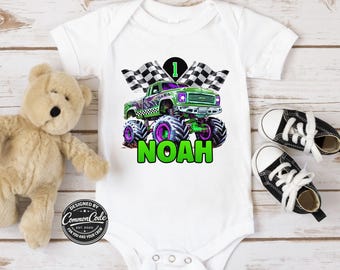 Toddler Monster Truck Boys Birthday Party T-Shirt - Custom Name Family Matching Shirt - Personalized Age Number - Black White Checkered