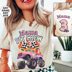 Dziewczęce Urodziny 2-stronny Jednorożec Monster Truck Jam Pit Crew Party Koszulka rodzinna Samochody wyścigowe Mama Tata Córka Prezent dla niej Dzień Matki Imię Wiek