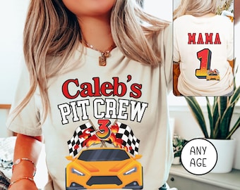 Race Car Boy Mama Birthday Shirt: Front Back Design - Custom Name Age Black and White Checkered Flags - Race Car Party Theme Family T-shirts