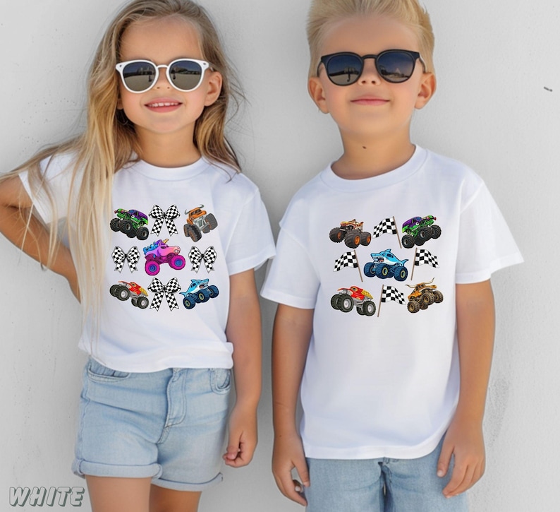 sibling matching shirt. Racing monster truck jam shirts. Cool kid vibe ready for any car or truck show, monster truck birthday, or a fun unique gift for any child. Brother and sister cousin monster truck shirts. Cool kids club shirt.