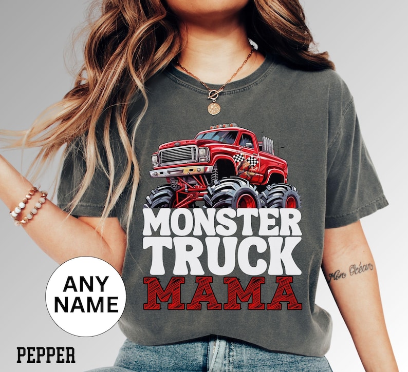Monster truck jam mama dad daddy mon Custom personalized name red truck T-Shirt black and white checkered flags custom colors soft comfy Tee event family matching shirts grandma grandpa son boy girl