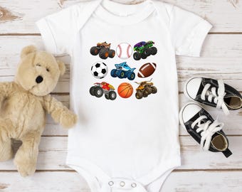 Monster Trucks and Sports Balls Matching Short-Sleeve Bella Canvas T-Shirts For Kids Adults - Fun Baby Bodysuit For Toddler Boy or Girl