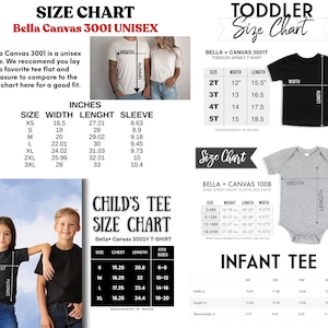 Puede incluir: Tabla de tallas para camisetas unisex Bella Canvas 3001, camisetas para ni&ntilde;os peque&ntilde;os, camisetas para ni&ntilde;os y camisetas para beb&eacute;s. La tabla incluye medidas de ancho, largo, largo de manga, pecho y peso. Las medidas est&aacute;n en pulgadas.
