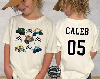 Boys Monster Truck Theme 2-Sided T-shirts - Front Back 2-Sided Shirts with Coquette Bows and Checkered Flags - Sparkle Toro Unicorn Shark