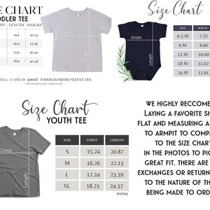 May include: Size charts for toddler and youth tees and a baby onesie. The charts show measurements in inches for width, length, and weight. The text recommends comparing measurements to a favorite shirt for the best fit. No exchanges or returns.