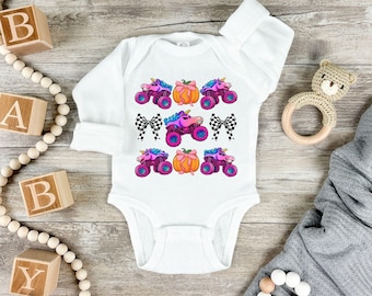 Fall Baby Girl Monster Truck Long Sleeve Bodysuit, Pumpkins, Pink Coquette Racing Bows, Sparkle Unicorn Smash Shirt, Cozy Toddler Sweatshirt