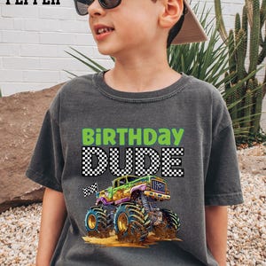Boy Mama Comfort Colors Boys Fifth Birthday Monster Truck Pit Crew Jam Boys T-Shirt Family Party Pink Black White Checkered Letters Flag Mom image 4