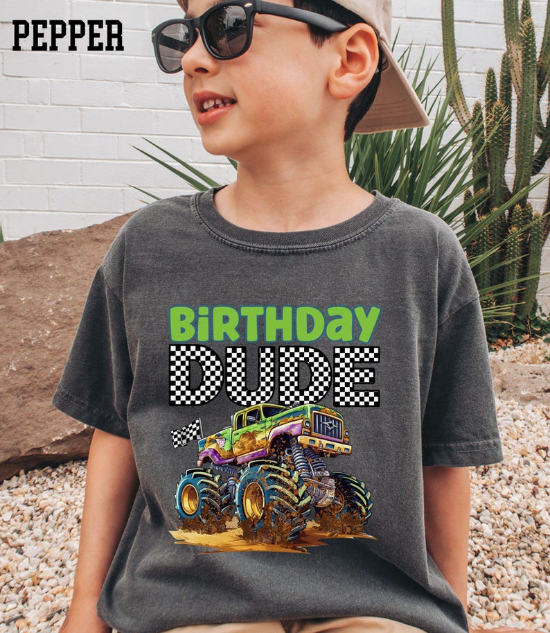 Boy Mama Comfort Colors Boys Fifth Birthday Monster Truck Pit Crew Jam Boys T-Shirt Family Party Pink Black White Checkered Letters Flag Mom image 4