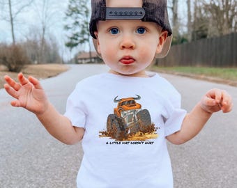 Boys Monster Truck Jam Event Short Sleeve T-Shirt: Custom Name Number 2-Sided Choose Your Truck - Family Matching A Little Dirt Doesn't Hurt