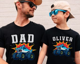 Daddy and Me Shark Theme Monster Truck jam Evevnt Matching Birthday T-shirt - Father and Son Megalodon Great White Grandma Grandson Shirts