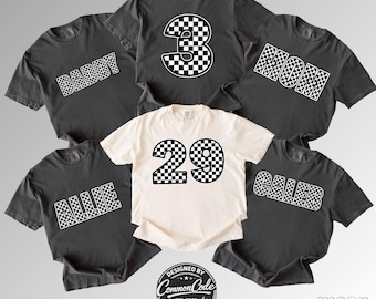 Black and White Checkered Custom Name or Numbers Shirt | Racing Theme Tee | Comfort Colors | Matching Family Race Day | Personalized Name