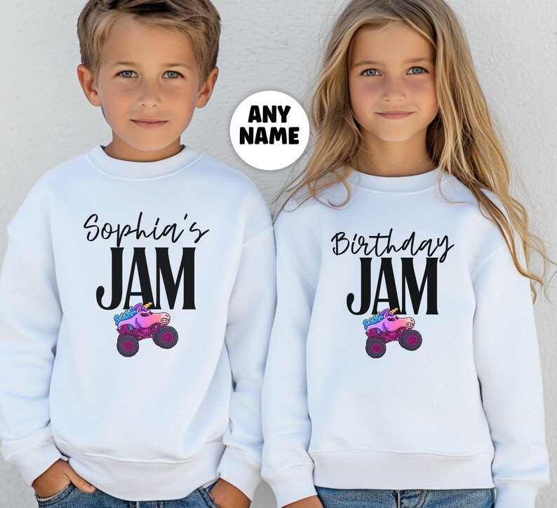 May include: White sweatshirts with black text that reads "Sophia's JAM" and "Birthday JAM". Each sweatshirt features a colorful monster truck graphic. The sweatshirts are designed for children and are suitable for birthday celebrations.