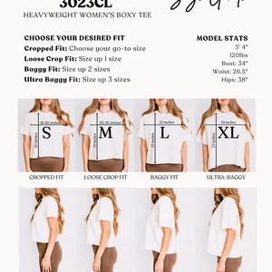 May include: Size guide for a heavyweight women's boxy tee, showing four different fits: cropped, loose crop, baggy, and ultra-baggy. The model is wearing a white tee in each fit, with measurements in inches for each size. The model is 5'4" and 120 lbs, with bust 34", waist 26.5", and hips 38".