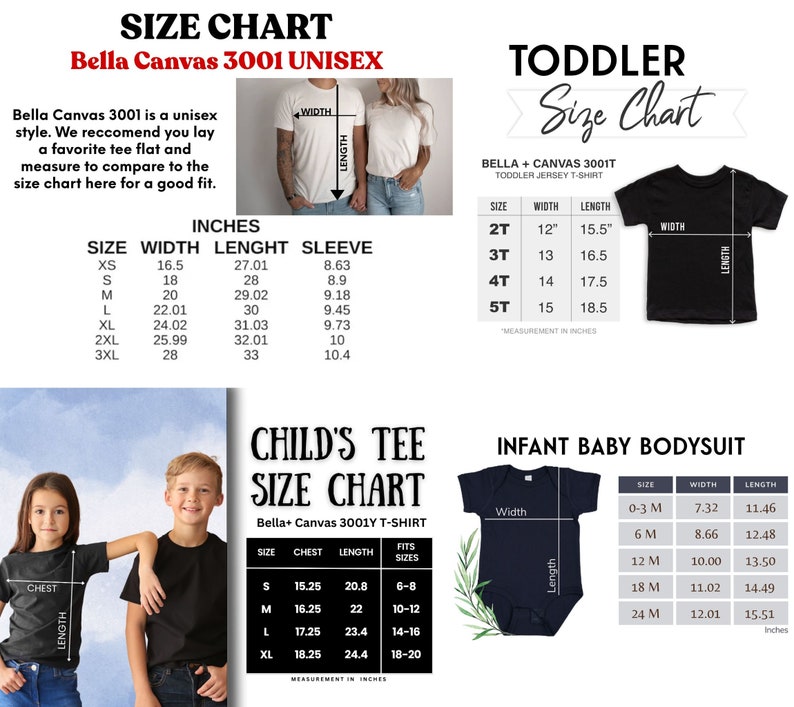 May include: Size chart for Bella Canvas 3001 unisex t-shirts, toddler t-shirts, children's t-shirts, and infant bodysuits. The chart includes measurements in inches for width, length, and sleeve length.