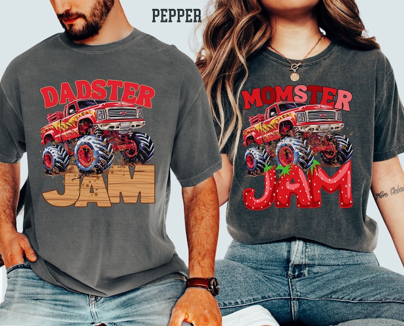 Momster Dadster Jam Monster Truck Jam Comfort Colors Pepper Birthday Boy Dude Pit Crew Party Family Matching Shirt. Strawberry Letters.