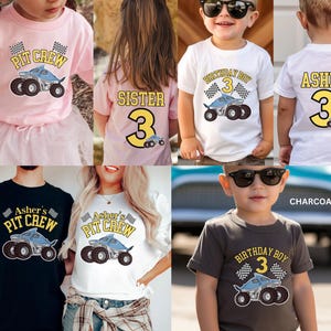 May include: Pink, white, black, and charcoal t-shirts with monster truck graphics. Some shirts say "Pit Crew", "Birthday Boy", or "Asher". The number 3 is featured on several shirts. The shirts are for children.