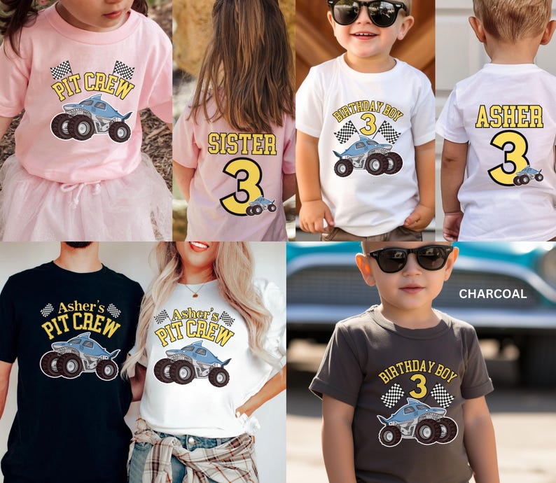 May include: Pink, white, black, and charcoal t-shirts with monster truck graphics. Some shirts say "Pit Crew", "Birthday Boy", or "Asher". The number 3 is featured on several shirts. The shirts are for children.