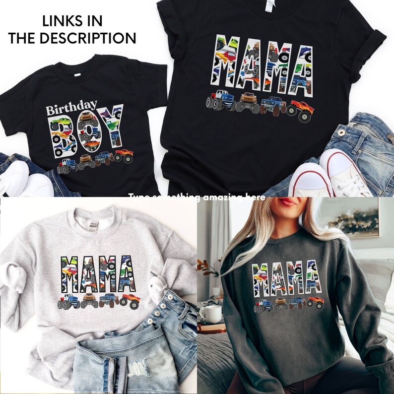 May include: A set of three shirts featuring a "Mama" and "Birthday Boy" design with a monster truck theme. The shirts are in black, grey, and heather grey.