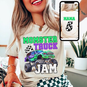 Model Is wearing a soft Comfy Bella Canvas T-Shirt in Natural that says "Momster Truck Jam" 2-Sided. Back Side says "Mama" and the number "5" in Black and white checkers. Monster Truck Boy family Birthday Shirt Matching Dadster Kidster Birthday Boy Purple Green Truck Black White checkered flag