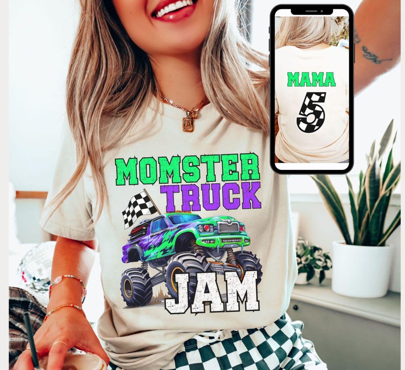 Model Is wearing a soft Comfy Bella Canvas T-Shirt in Natural that says "Momster Truck Jam" 2-Sided. Back Side says "Mama" and the number "5" in Black and white checkers. Monster Truck Boy family Birthday Shirt Matching Dadster Kidster Birthday Boy Purple Green Truck Black White checkered flag