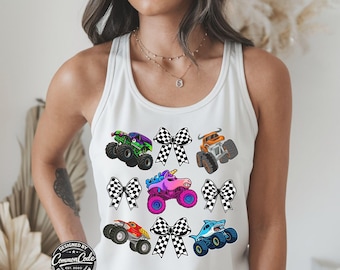 Monster Truck Bow Tank Top, Cute Racing Workout Shirt, Checkered Race Bows or Flags Gym Tank, Boy Girl Mama Life Tee, Girl Truck Lover Gift