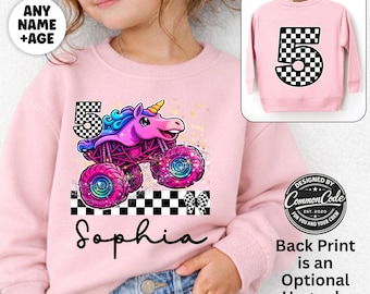 Custom Name Age Monster Truck Birthday Girl Sweatshirt, Pink Sparkle Unicorn Truck Jam Hoodie, Family Matching Pit Crew Sweater,Mommy and Me