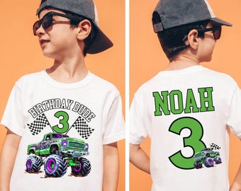 Boys Third Birthday Monster Truck Jam Comfort Colors Digger Green Front Back Print Design Style Custom T-Shirt  Pit Crew Family Matching Tee