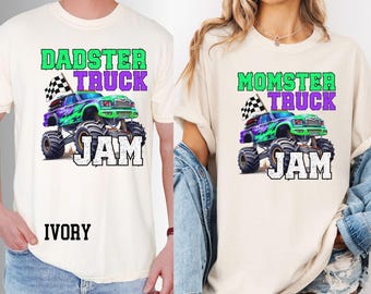 Personalized Monster Truck Jam Birthday Shirt: Comfort Colors Family Tee - Dadster Momster Custom Name T-shirts - Green Purple Monster Truck