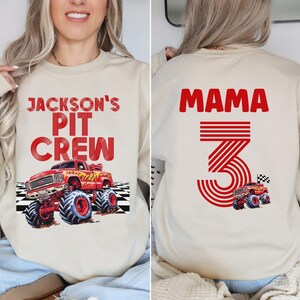 Niestandardowa nazwa numer Monster Truck Jam rodzina urodziny chłopiec bluza retro facet koszulka Pit Crew mama mama tata brat siostra urodziny impreza różowy