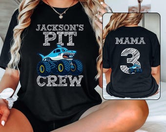 Custom Age Boys Shark Monster Truck Jam Boy Birthday Pit Crew Party T-Shirt, Matching Family Pit Crew Tee Front Back Print Boys Name
