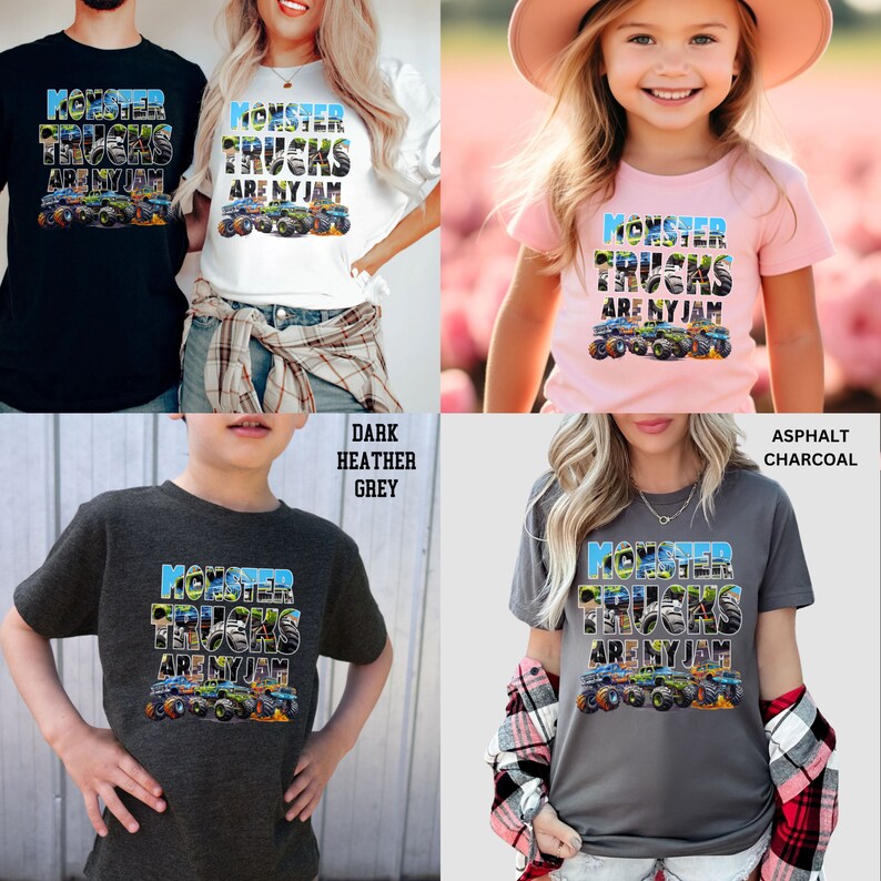 May include: A set of four t-shirts featuring a graphic of monster trucks with the text "Monster Trucks Are My Jam". The shirts are available in dark heather grey, asphalt charcoal, and pink.