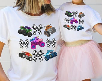 Maglietta Monster Truck per bambine, fiocchi da auto da corsa, completo coordinato per mamma e mini