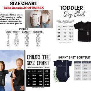 May include: Size charts for unisex, toddler, child, and infant apparel. Charts include measurements in inches for width, length, chest, and sleeve. The Bella Canvas 3001, 3001T, and 3001Y styles are featured, with size ranges from XS to 3XL.